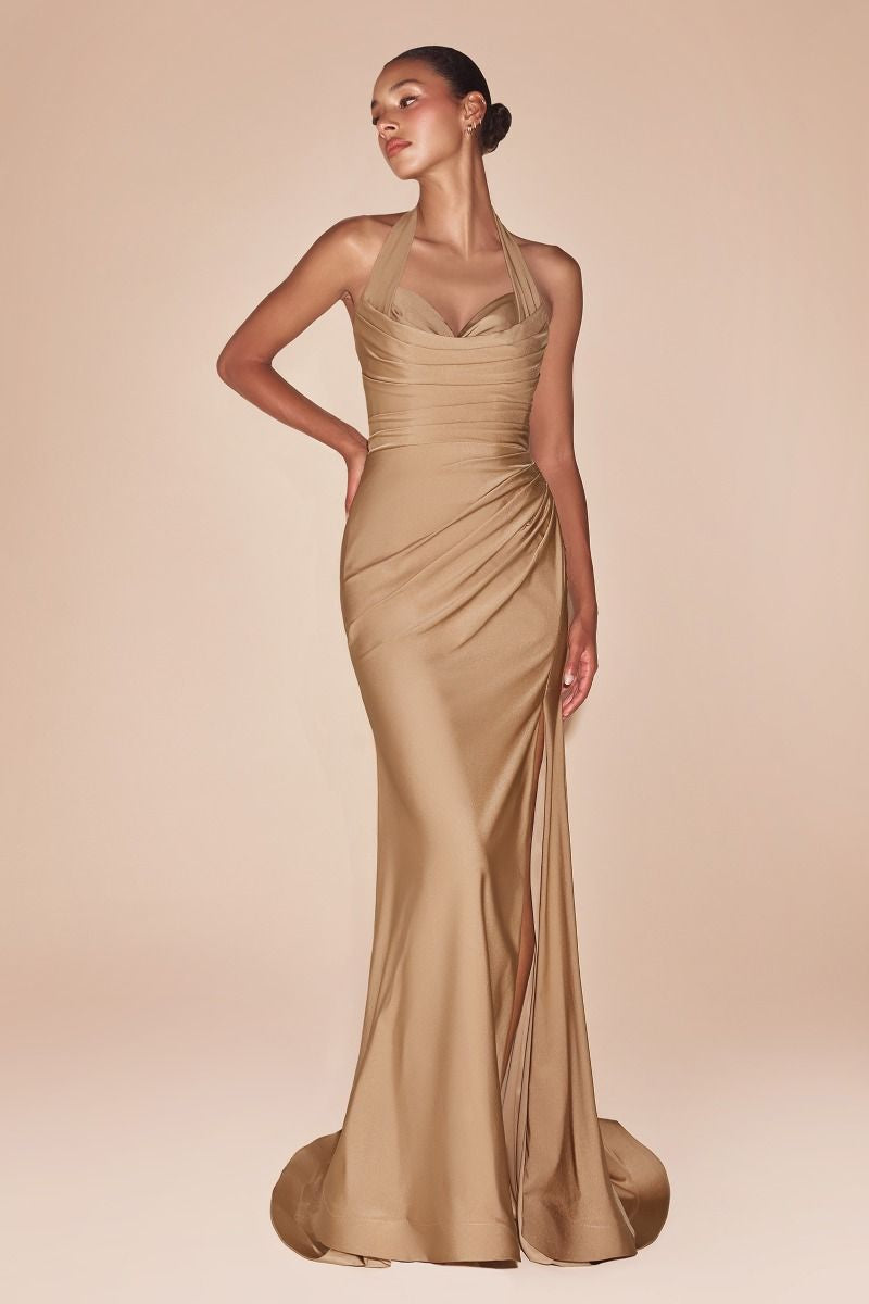 NUDE GOLD STETCH SATIN HALTER FITTED DRESS- CD796 (RENTAL)