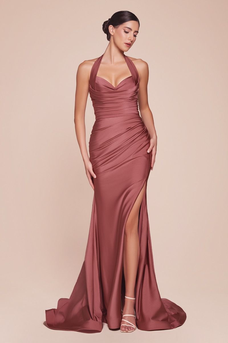 STETCH SATIN HALTER FITTED DRESS- CD796
