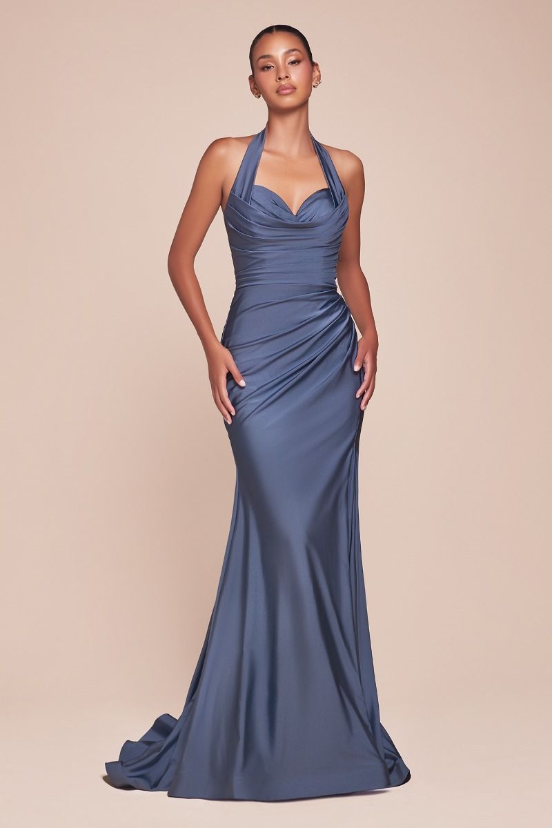 STETCH SATIN HALTER FITTED DRESS- CD796