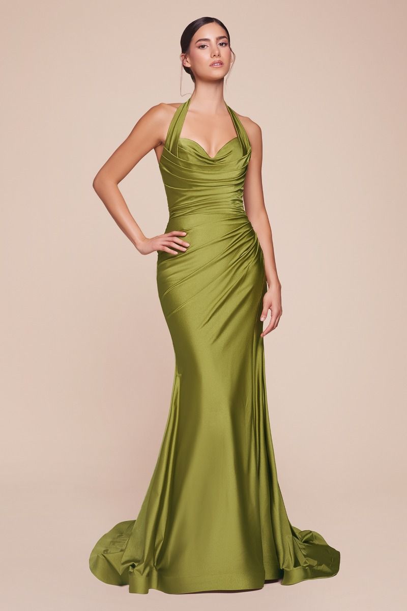 STETCH SATIN HALTER FITTED DRESS- CD796