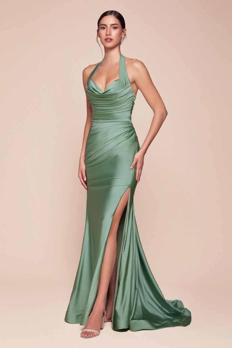 STETCH SATIN HALTER FITTED DRESS- CD796