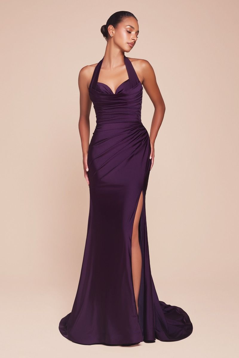 STETCH SATIN HALTER FITTED DRESS- CD796