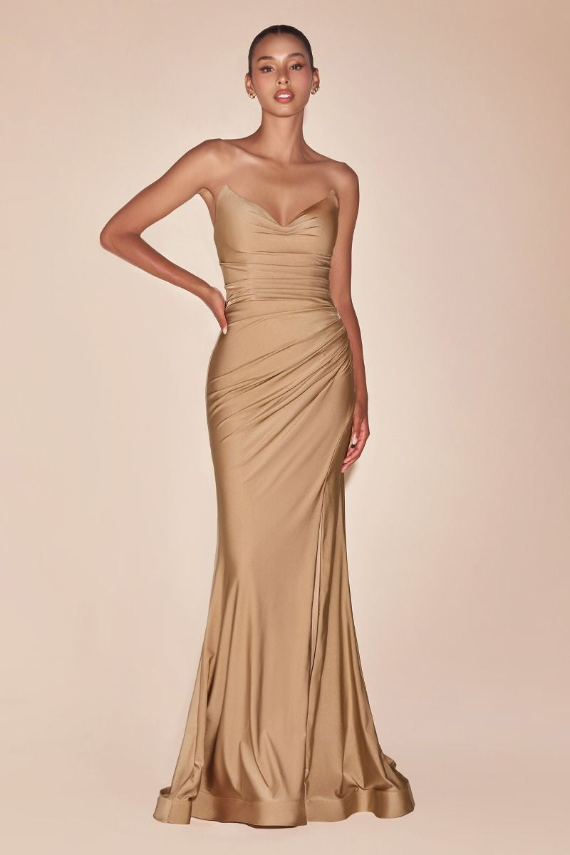 NUDE GOLD STRAPLESS STRETCH SATIN FITTED GOWN- CD791 (RENTAL)