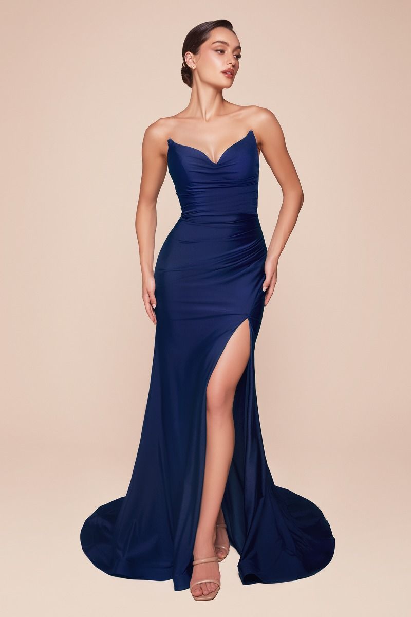 STRAPLESS STRETCH SATIN FITTED GOWN- CD791