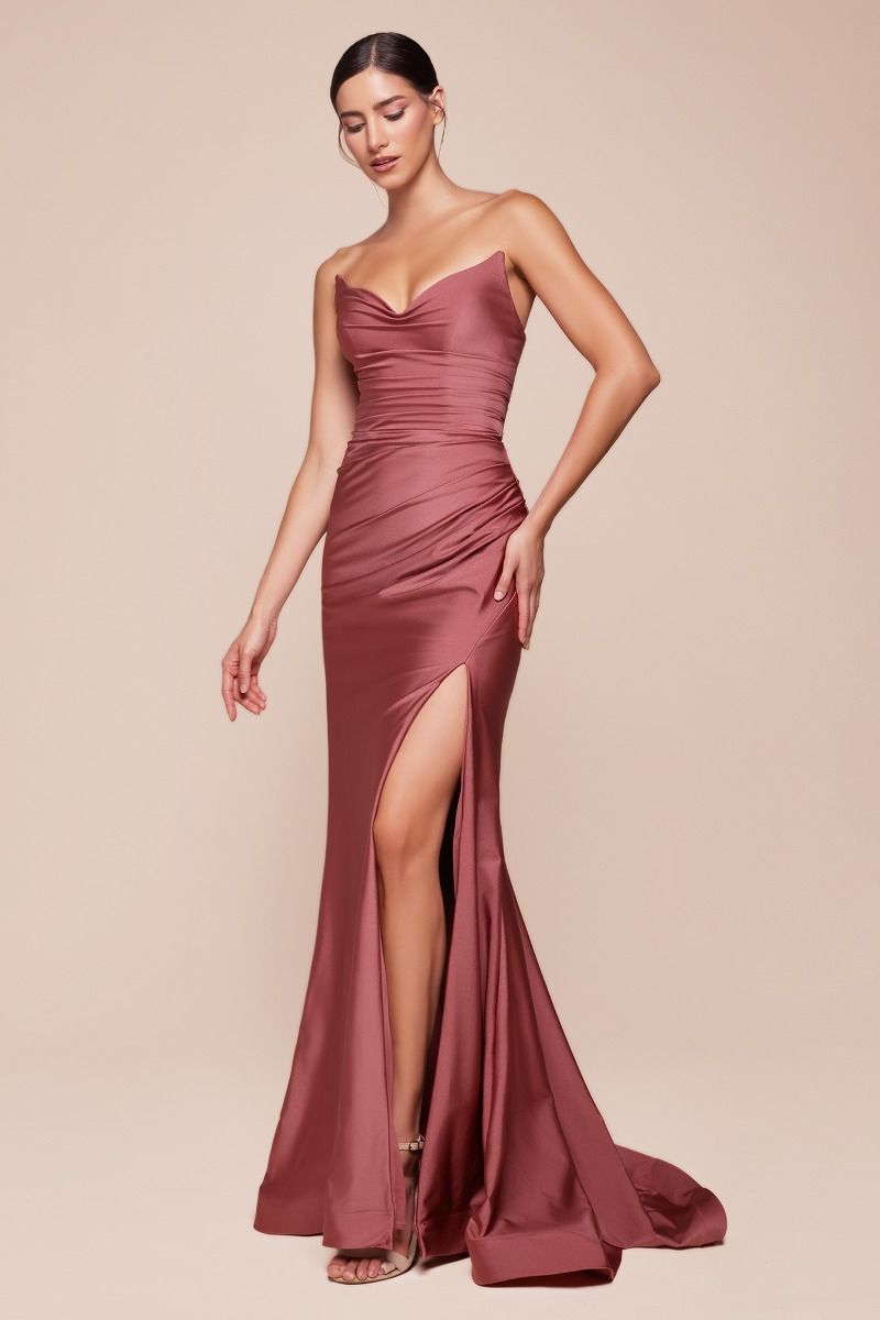 STRAPLESS STRETCH SATIN FITTED GOWN- CD791