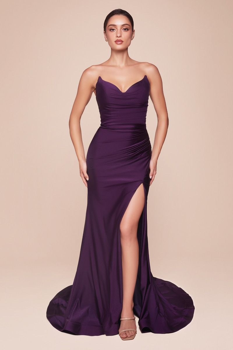 STRAPLESS STRETCH SATIN FITTED GOWN- CD791