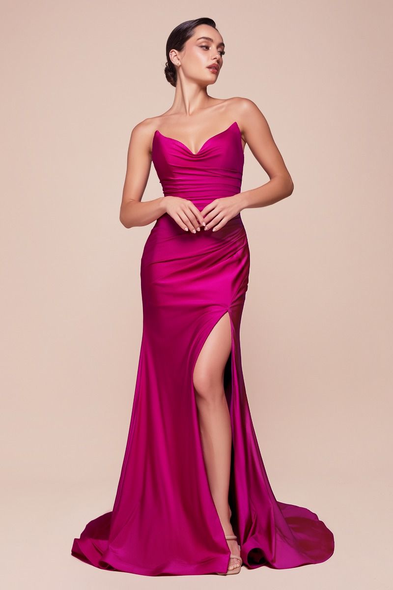 STRAPLESS STRETCH SATIN FITTED GOWN- CD791