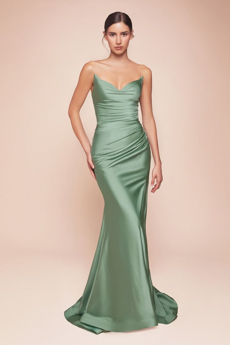 STRAPLESS STRETCH SATIN FITTED GOWN- CD791