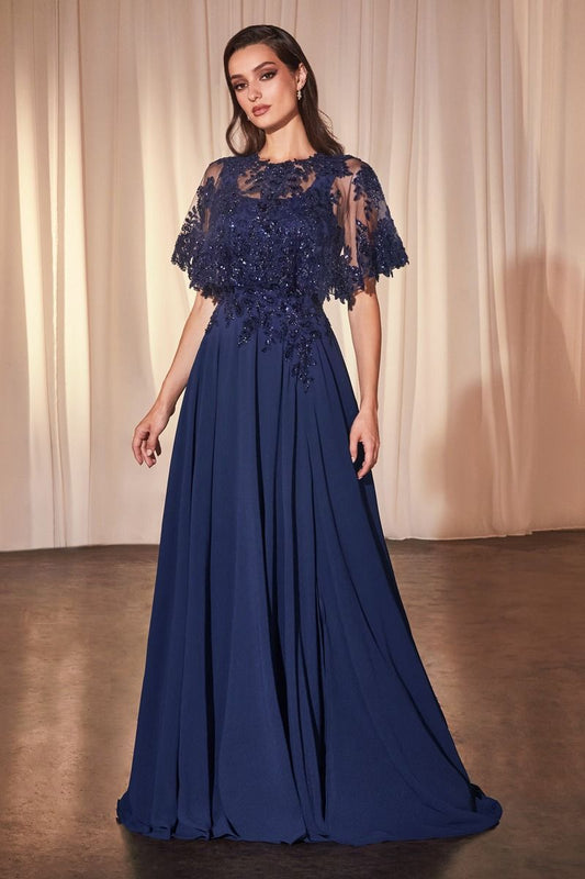 CHIFFON A-LINE BEADED LACE BODICE DRESS WITH REMOVABLE CAPE- CDS503