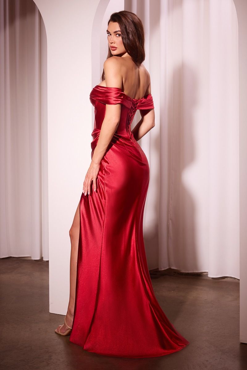 SATIN OFF THE SHOULDER FITTED GOWN- CD370