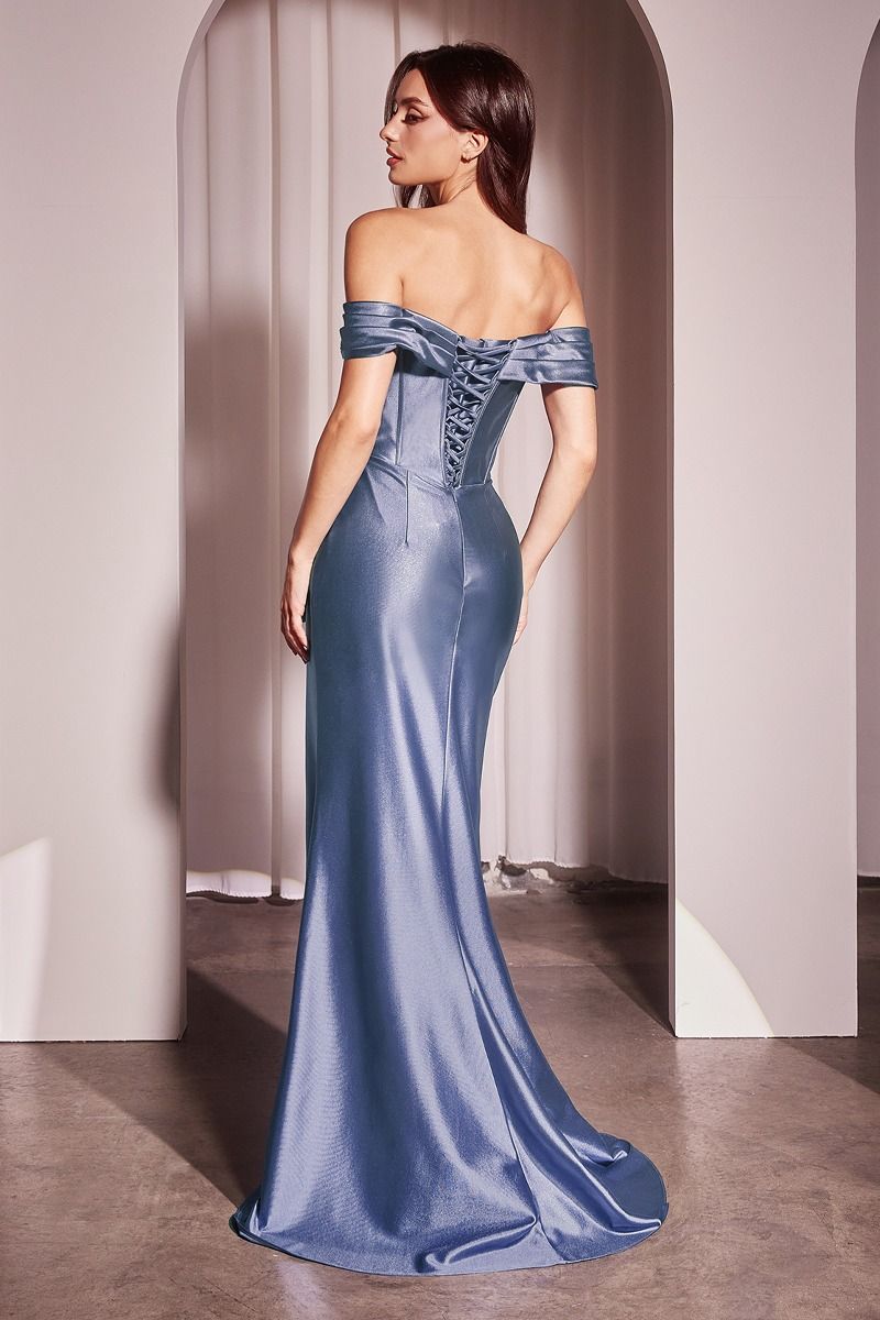 SATIN OFF THE SHOULDER FITTED GOWN- CD370