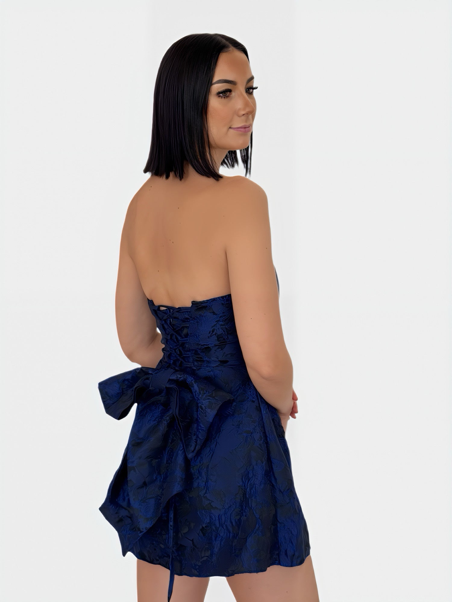 BROCADE BOW-BACK STRAPLESS MINI DRESS