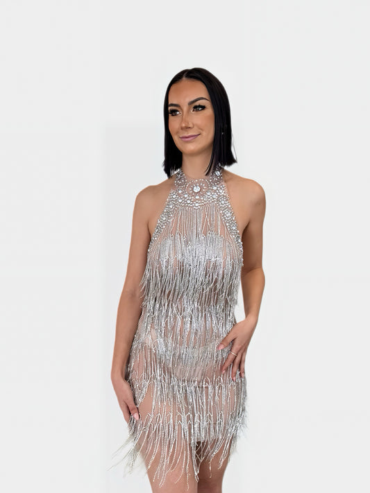CRYSTAL HALTER RHINESTONE FRINGE MINI DRESS (RENTAL)