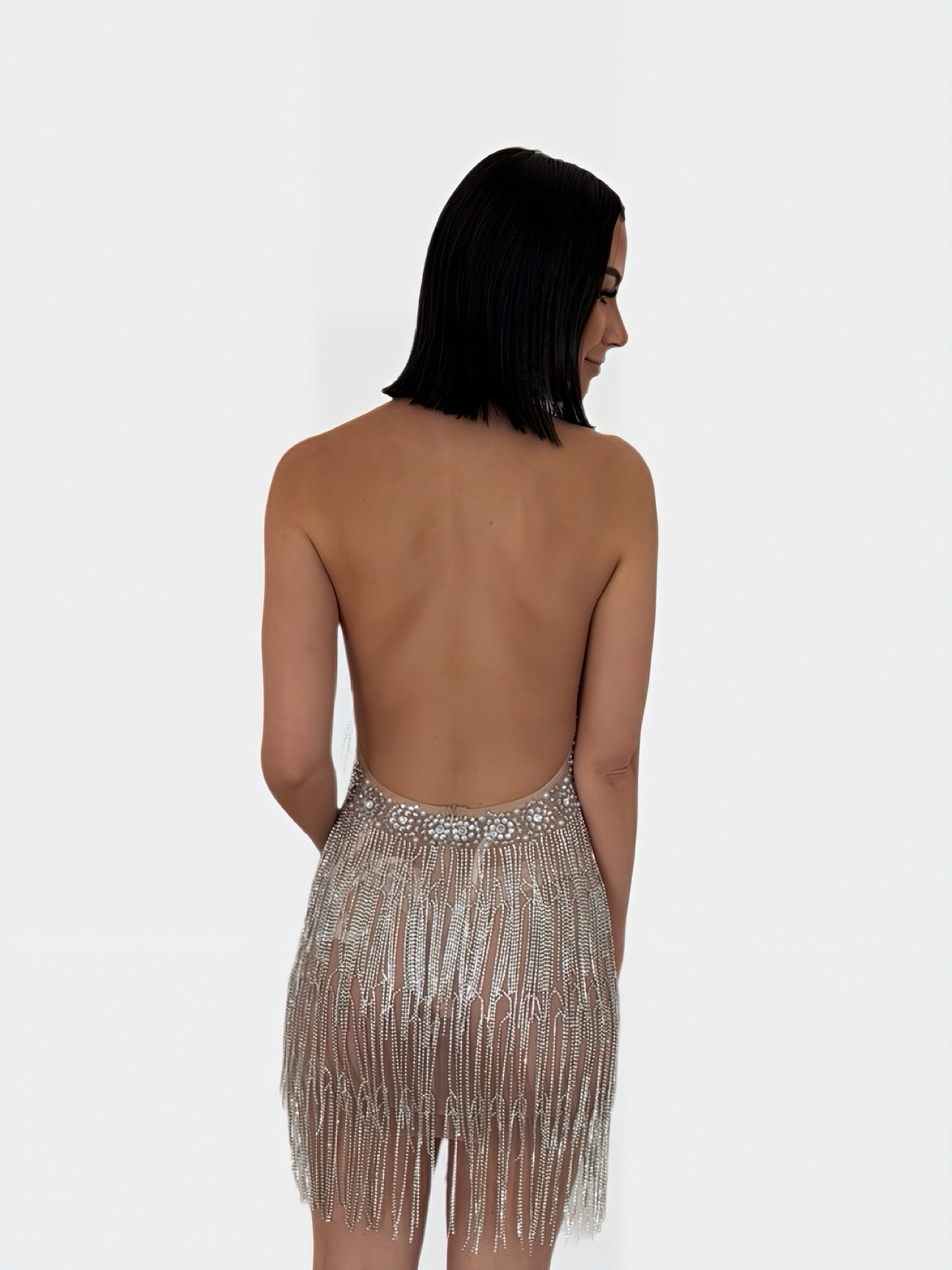 CRYSTAL HALTER RHINESTONE FRINGE MINI DRESS (RENTAL)