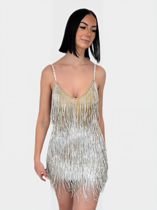 NUDE RHINESTONE FRINGE MINI DRESS (RENTAL)