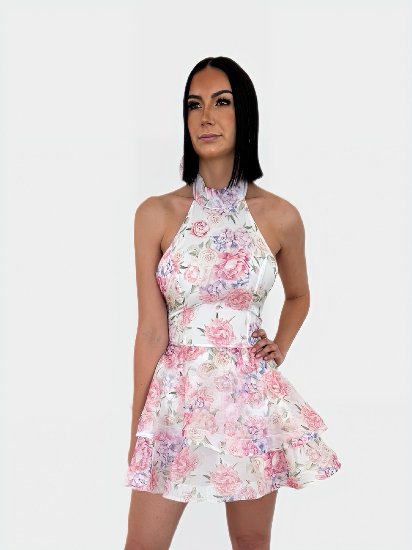 FLORAL HALTER MINI DRESS