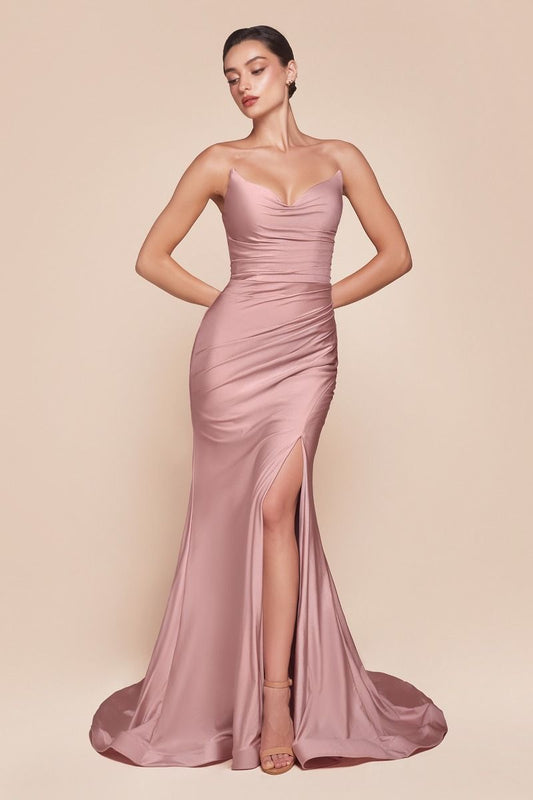 DUSTY ROSE STRAPLESS STRETCH SATIN FITTED GOWN- CD791 (RENTAL)