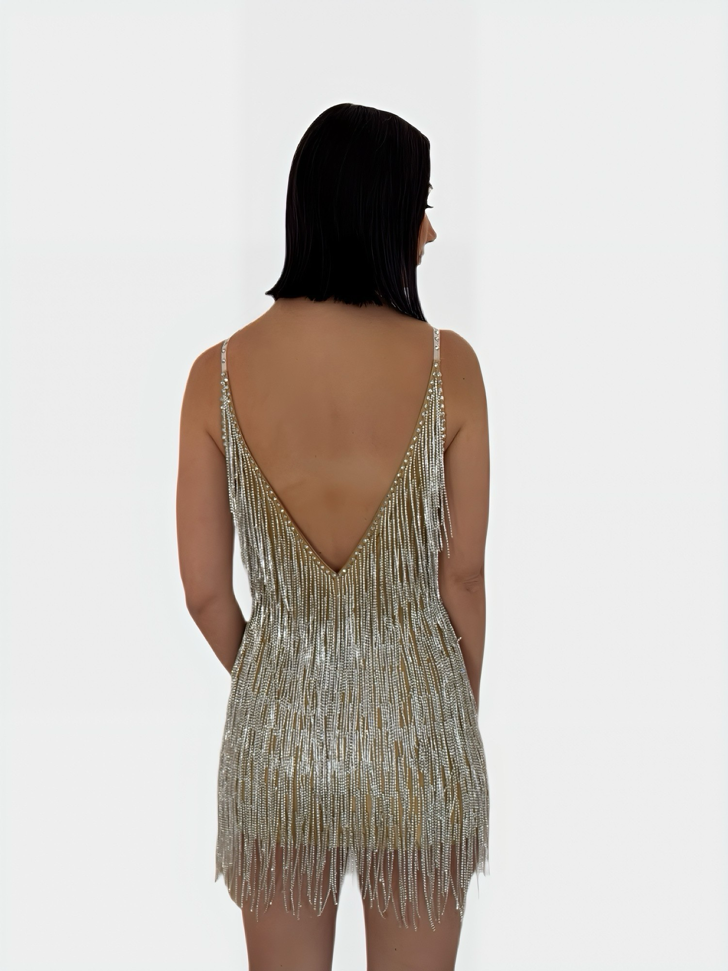 NUDE RHINESTONE FRINGE MINI DRESS (RENTAL)