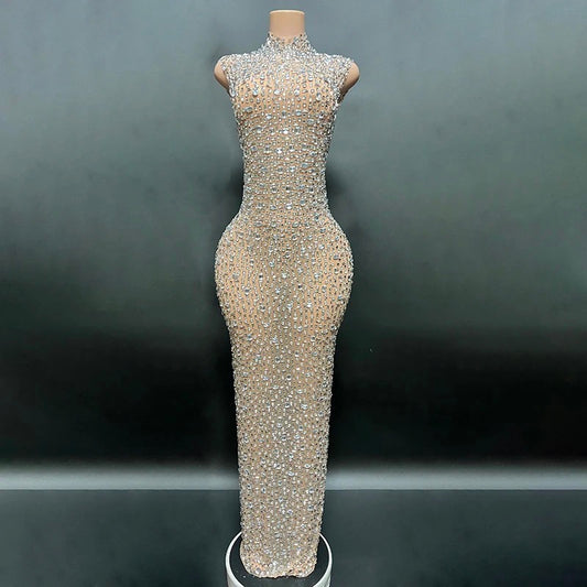 TRANSLUCENT NUDE FITTED DRESS WITH RHINESTONES (RENTAL)