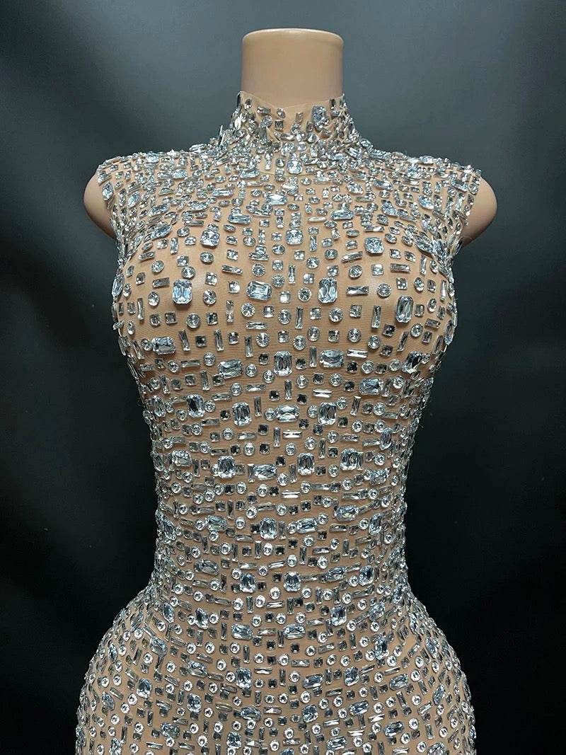 TRANSLUCENT NUDE FITTED DRESS WITH RHINESTONES (RENTAL)