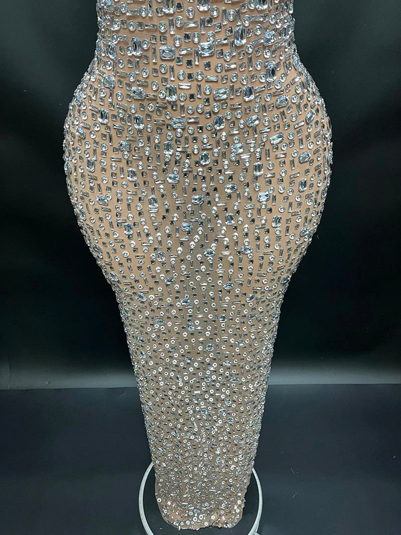 TRANSLUCENT NUDE FITTED DRESS WITH RHINESTONES (SHOWROOM SALE)