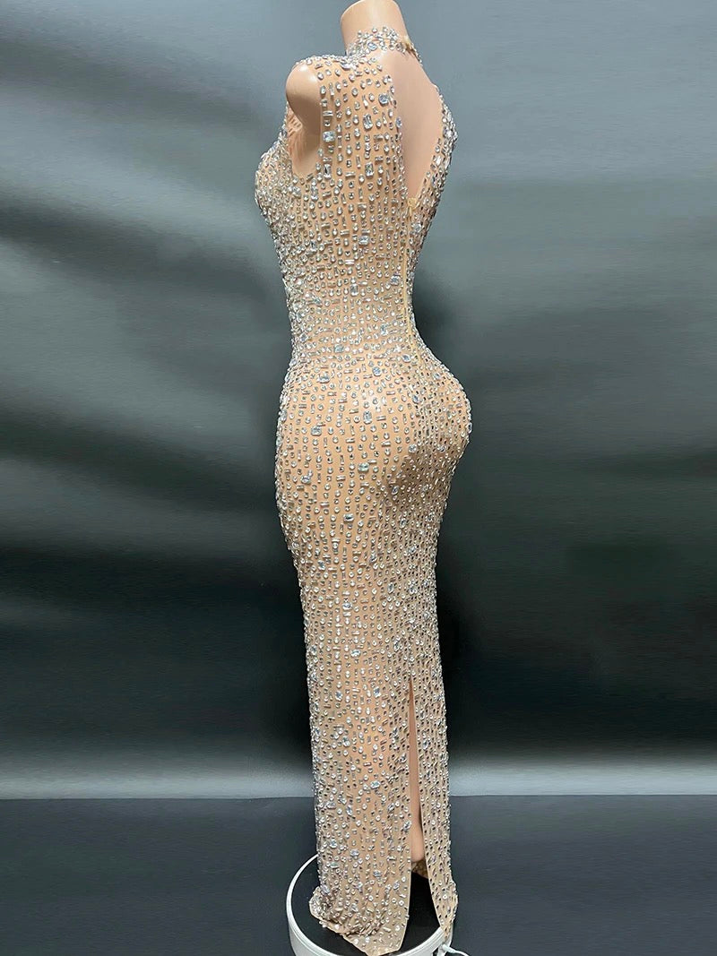 TRANSLUCENT NUDE FITTED DRESS WITH RHINESTONES (SHOWROOM SALE)