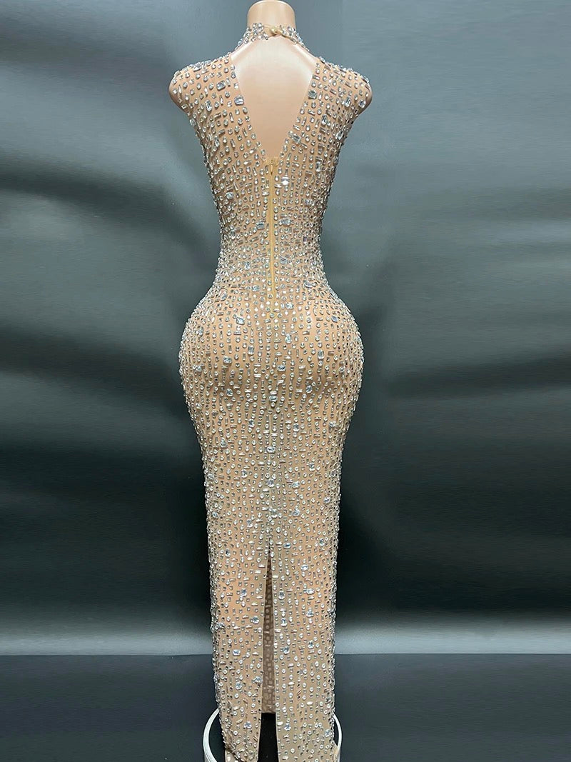 TRANSLUCENT NUDE FITTED DRESS WITH RHINESTONES (SHOWROOM SALE)