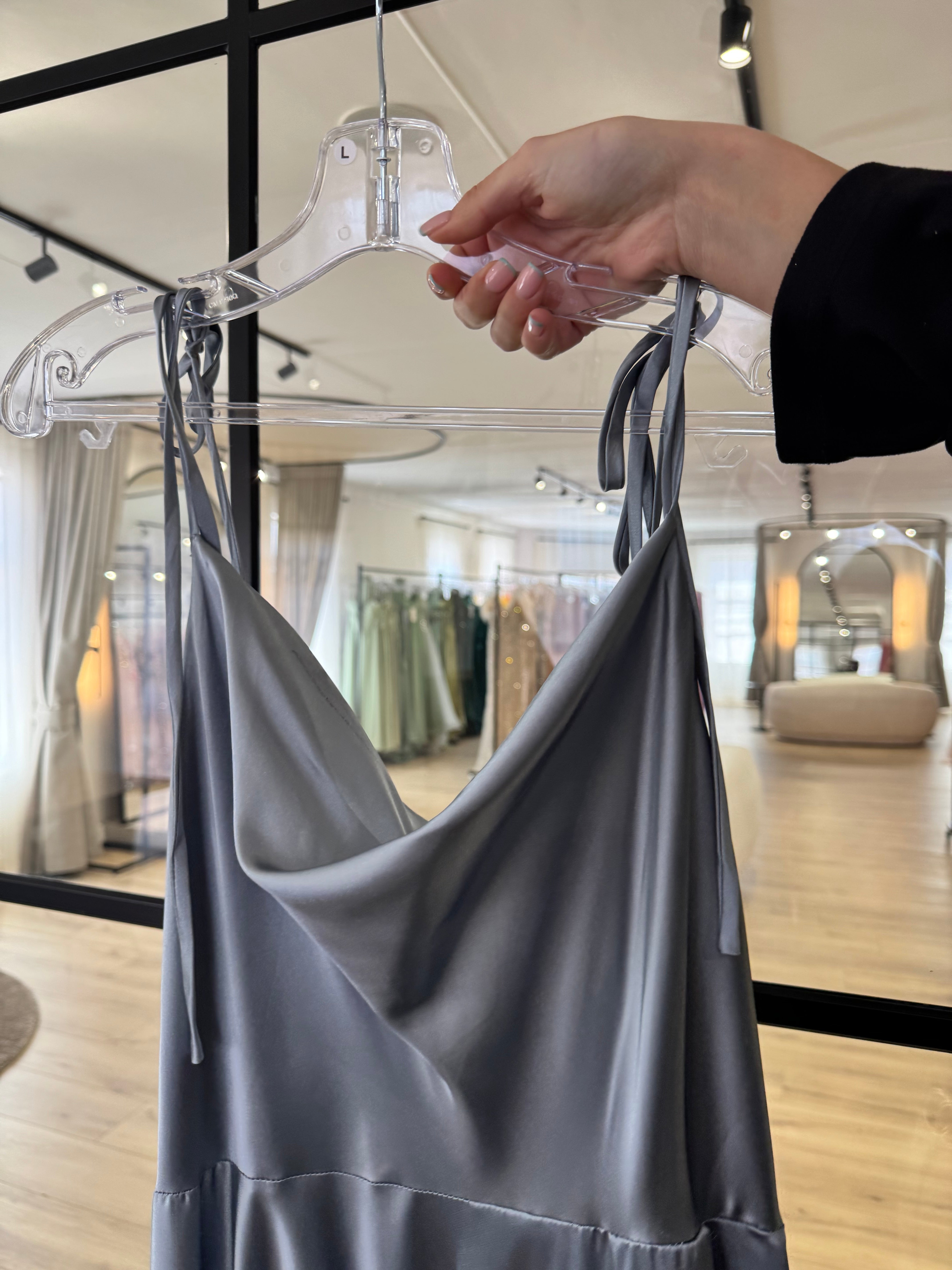 DUSTY BLUE SATIN A-LINE DRESS- BD104 (SHOWROOM SALE)