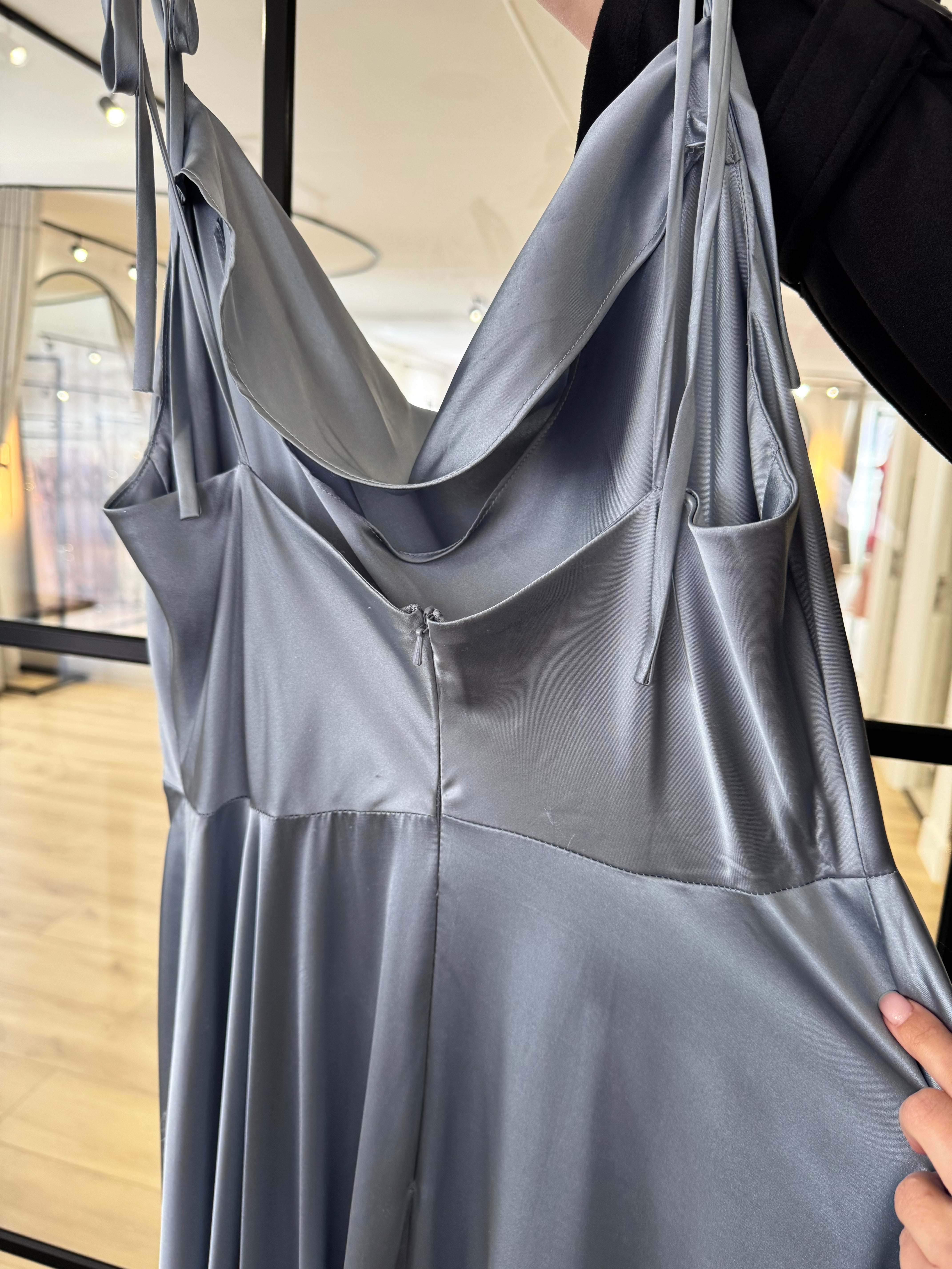 DUSTY BLUE SATIN A-LINE DRESS- BD104 (SHOWROOM SALE)