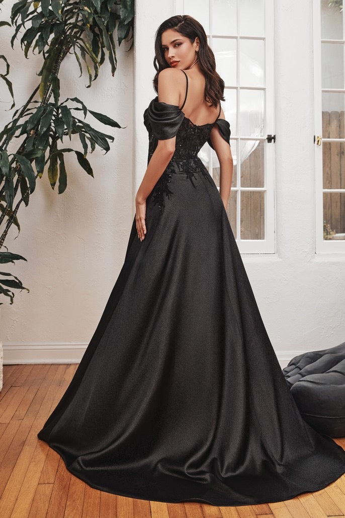 (BLACK  SATIN OFF THE SHOULDER A-LINE GOWN- OC012 (SIZE US8)