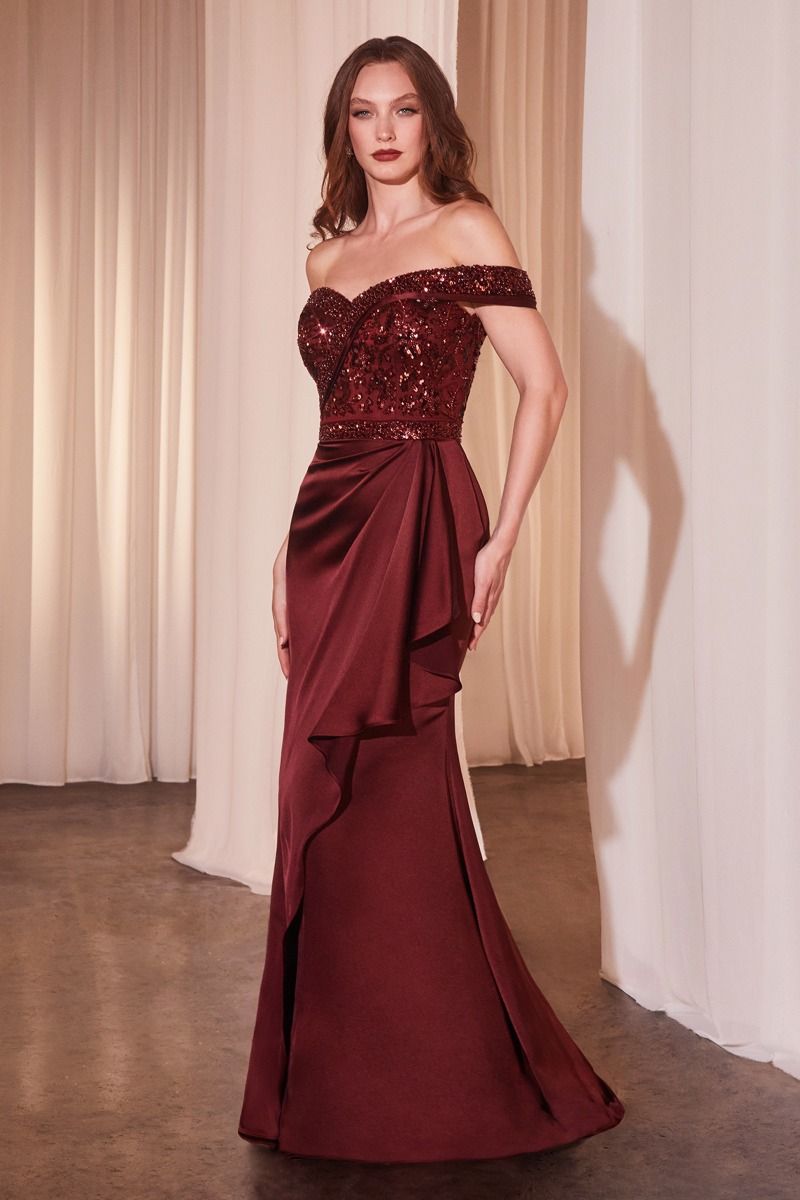 OFF THE SHOULDER SATIN & BEADED GOWN- CR877