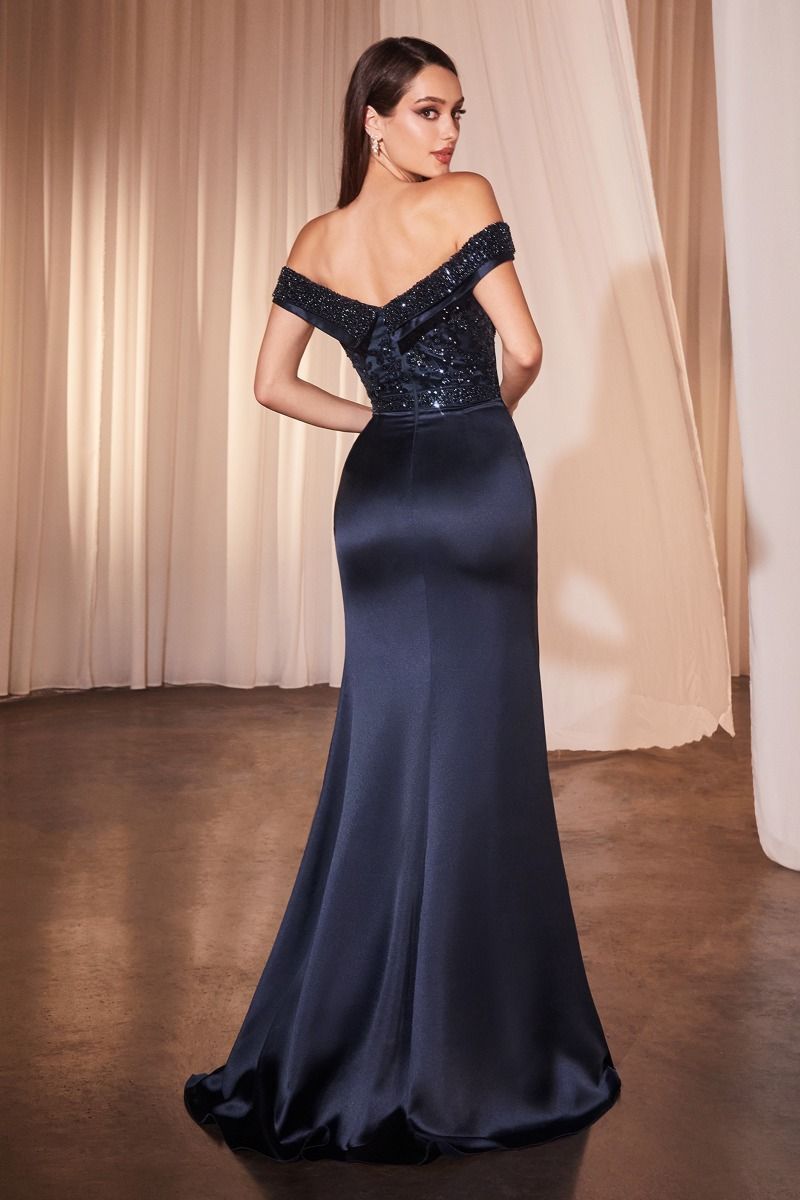 OFF THE SHOULDER SATIN & BEADED GOWN- CR877