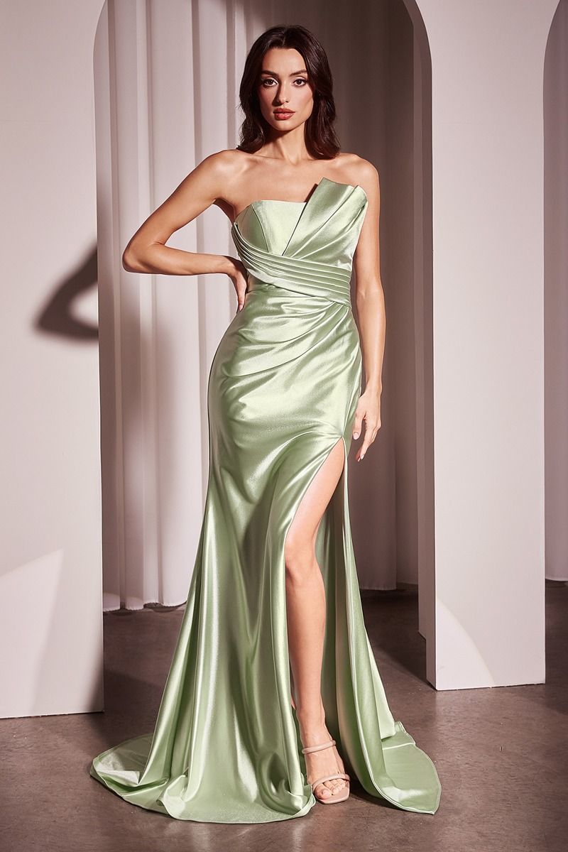 PLEATED STRAPLESS FITTED SATIN GOWN- KV1118