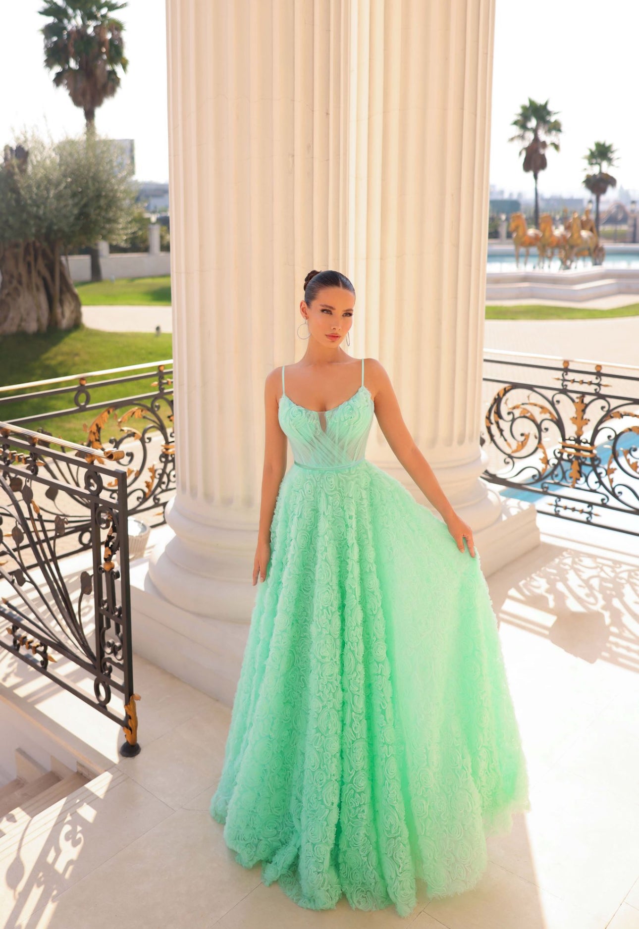 3D FLORAL MESH A LINE BALL GOWN DRESS- ELICIA TY300