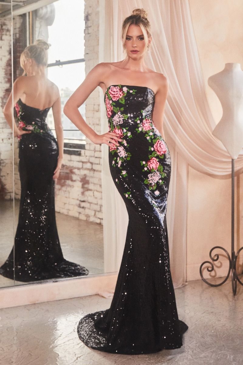 STRAPLESS FLORAL PATTERNED SEQUIN DRESS- CD811