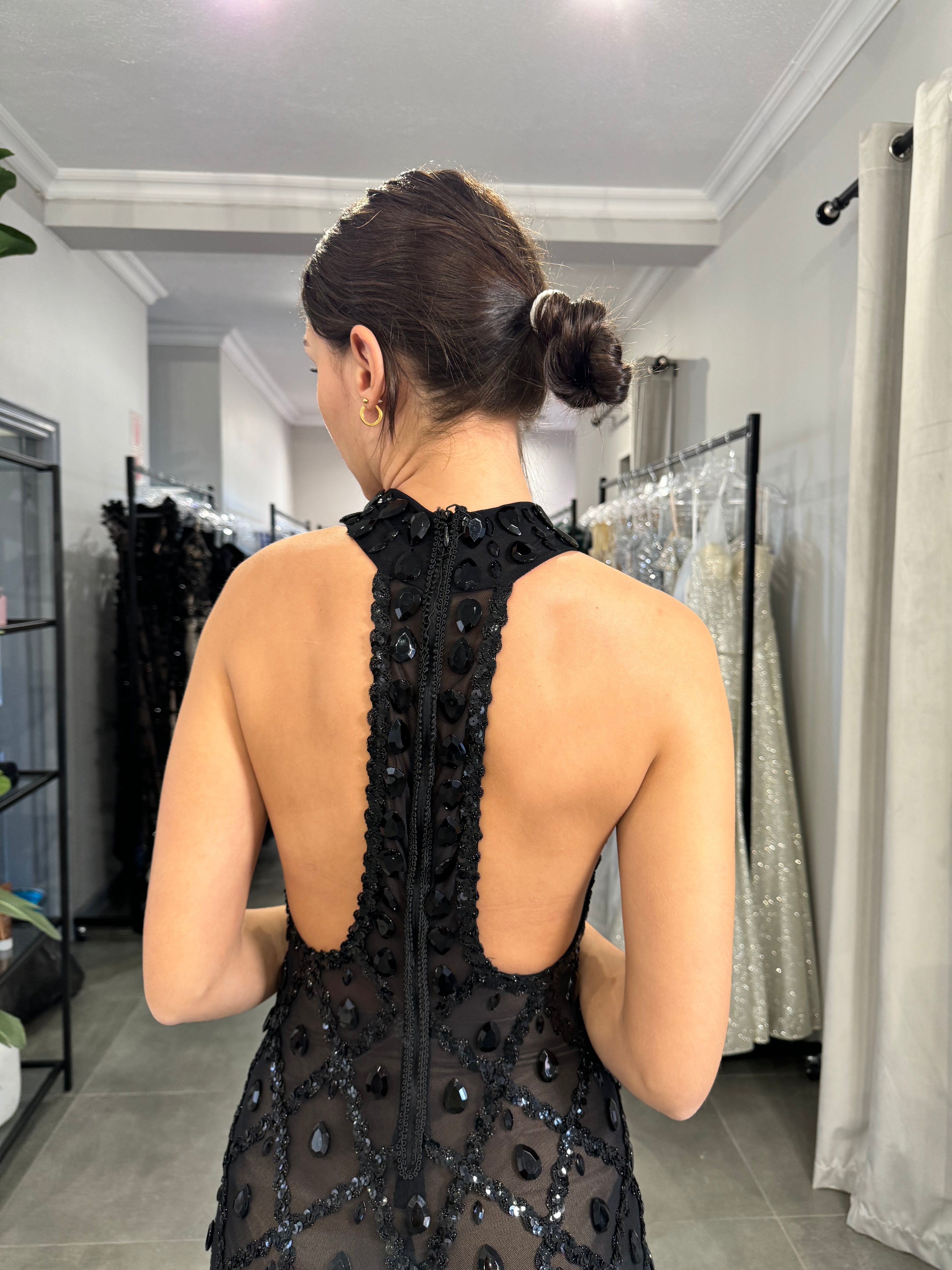 BLACK TRANSLUCENT OPEN BACK DRESS Livia Co