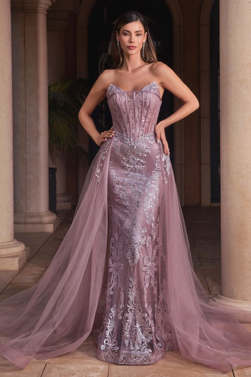 STRAPLESS GLITTER GOWN WITH REMOVABLE TULLE OVERSKIRT- J858