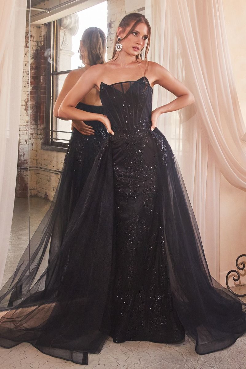 STRAPLESS GLITTER GOWN WITH REMOVABLE TULLE OVERSKIRT J858