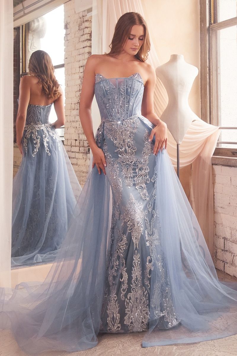 STRAPLESS GLITTER GOWN WITH REMOVABLE TULLE OVERSKIRT- J858