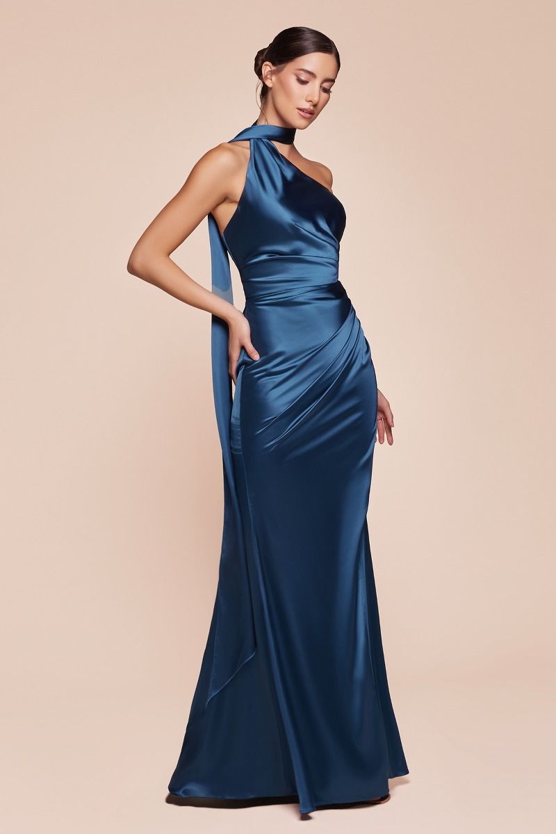 ONE SHOULDER LUXE SATIN FITTED GOWN- 7454