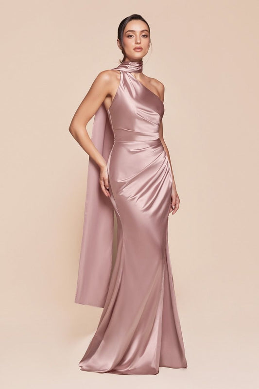 ONE SHOULDER LUXE SATIN FITTED GOWN- 7454