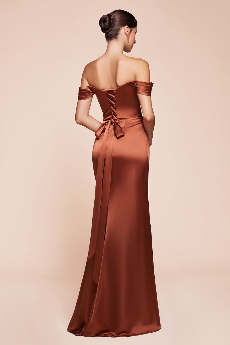 OFF THE SHOULDER LACE UP CORSET SATIN GOWN- 7452