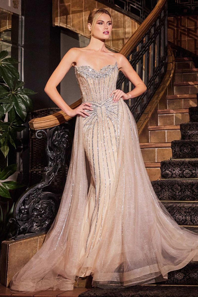 STRAPLESS CRYSTAL EMBELLISHED GOWN WITH OVERSKIRT- CB158