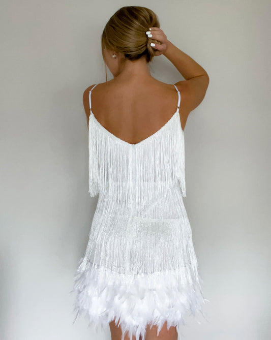 WHITE FRINGED SEQUIN DRESS*