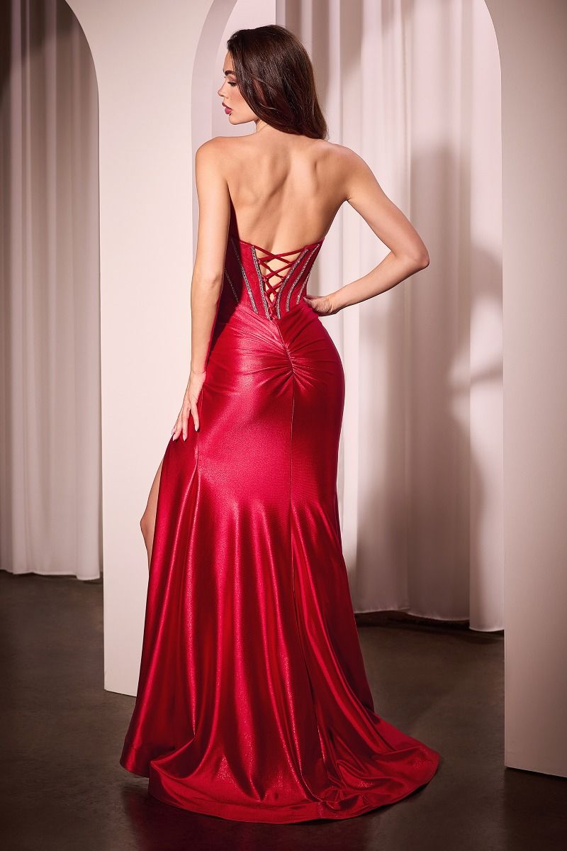 STRAPLESS LACE BODICE SATIN FITTED GOWN- CM368