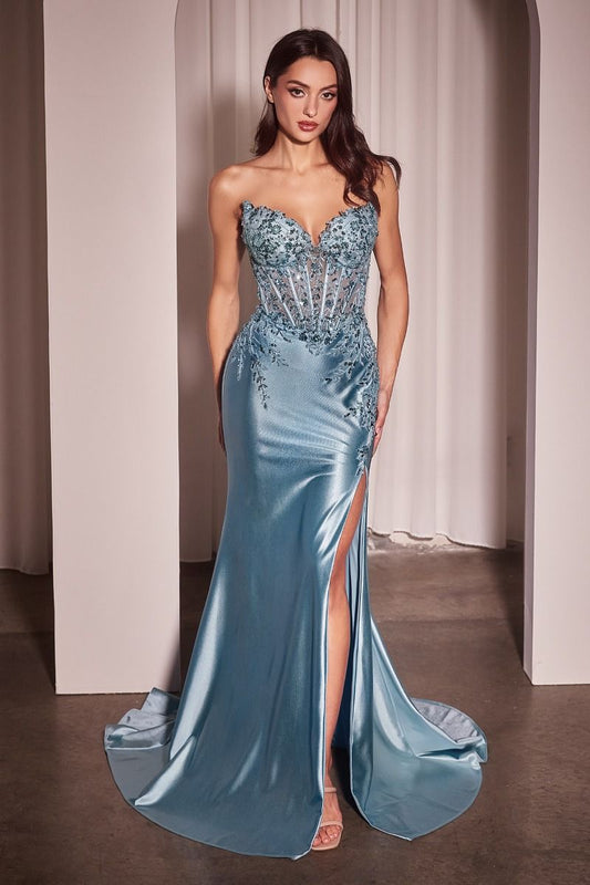 SATIN & LACE STRAPLESS FITTED GOWN- KV1112