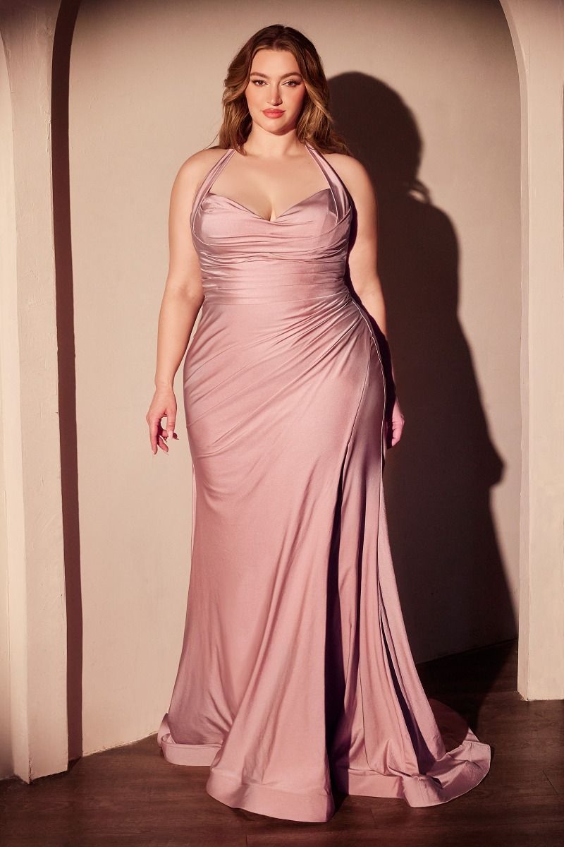 STETCH SATIN HALTER FITTED DRESS- CD796C (CURVE)