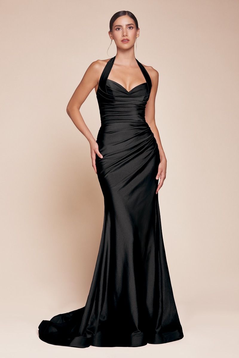 STETCH SATIN HALTER FITTED DRESS- CD796C (CURVE)