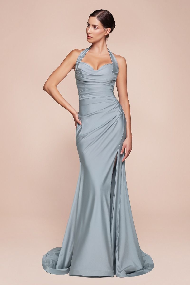 STETCH SATIN HALTER FITTED DRESS- CD796C (CURVE)