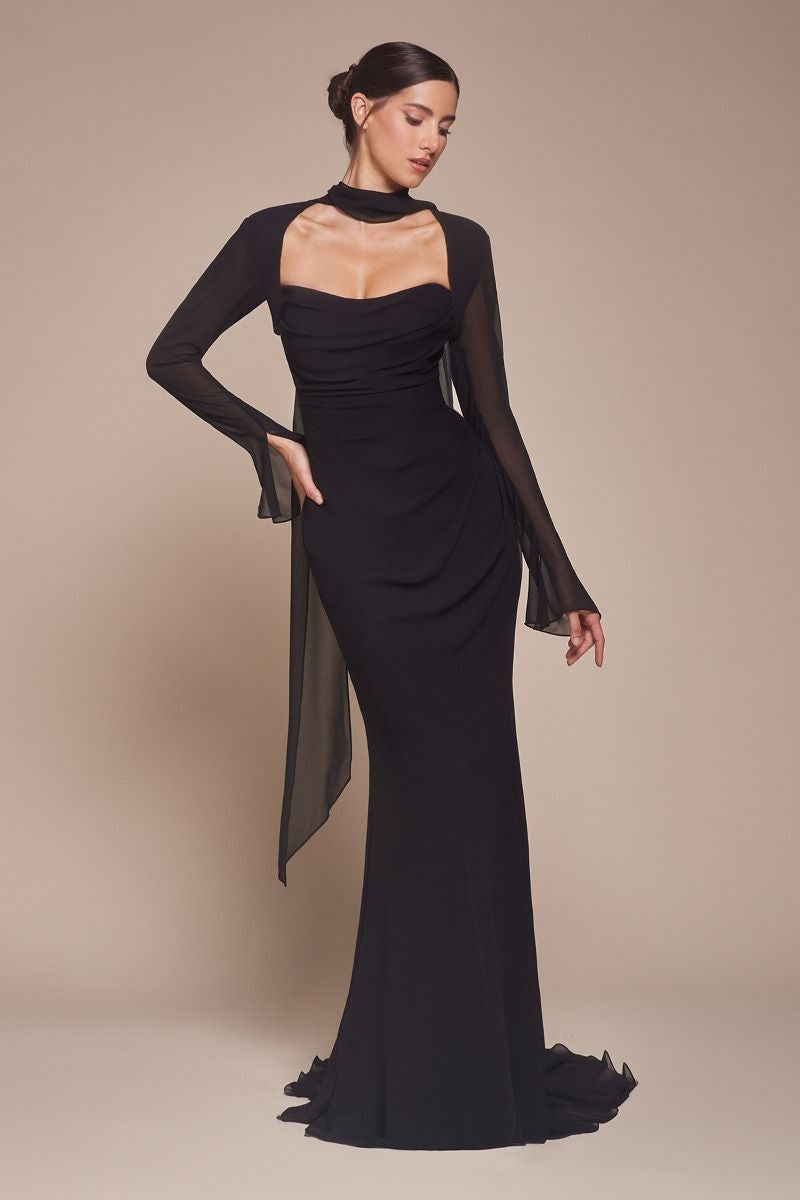 BLACK STRAPLESS CHIFFON DRESS WITH REMOVABLE JACKET- CD357 (RENTAL)